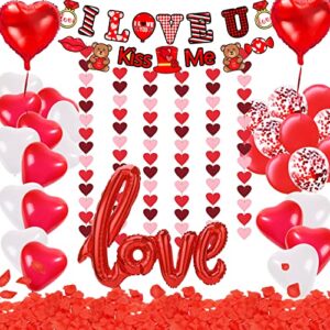 valentines day decorations set romantic bear heart banner set red heart and love foil balloons red white latex balloons with 1000pcs red rose petals party decor for wedding engagement anniversary