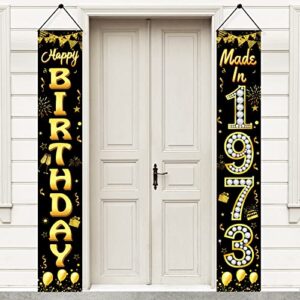 50th birthday decorations made in 1973 door banner for men women, black gold happy 50th birthday porch sign party supplies, fifty year old birthday backdrop decor for outdoor indoor