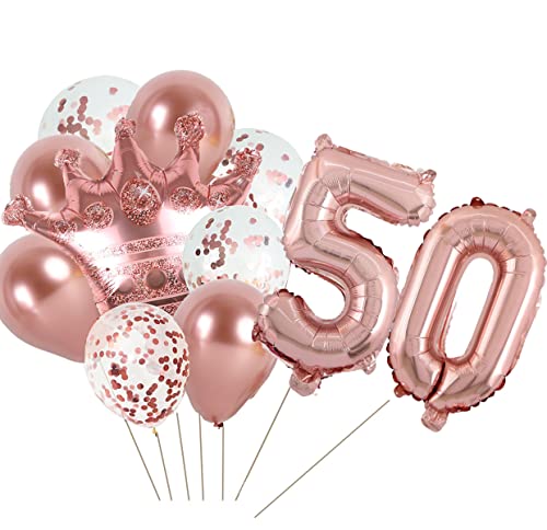 KUNGOON 50th Birthday Balloon,Rose Gold Number 50 Mylar Balloon,Funny 50th Birthday/Wedding Anniversary Crown Aluminum Foil Balloon Decoration for Women/Men.