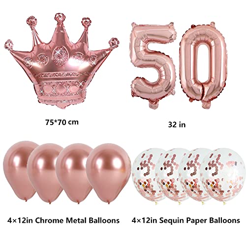 KUNGOON 50th Birthday Balloon,Rose Gold Number 50 Mylar Balloon,Funny 50th Birthday/Wedding Anniversary Crown Aluminum Foil Balloon Decoration for Women/Men.