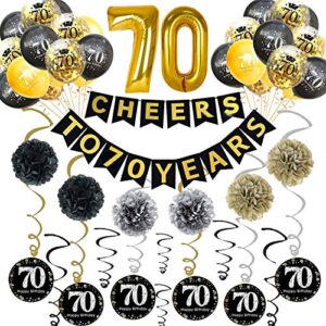 trgowaul 70th birthday party decorations kit- gold glittery cheers to 70 years banner, pom poms, 6pcs sparkling 70 hanging swirl, 1 gold number balloon and 15 confetti balloons 70 birthday decoration