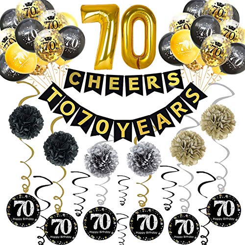 Trgowaul 70th Birthday Party Decorations Kit- Gold Glittery Cheers to 70 Years Banner, Pom Poms, 6Pcs Sparkling 70 Hanging Swirl, 1 Gold Number Balloon and 15 Confetti Balloons 70 Birthday Decoration