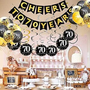 Trgowaul 70th Birthday Party Decorations Kit- Gold Glittery Cheers to 70 Years Banner, Pom Poms, 6Pcs Sparkling 70 Hanging Swirl, 1 Gold Number Balloon and 15 Confetti Balloons 70 Birthday Decoration