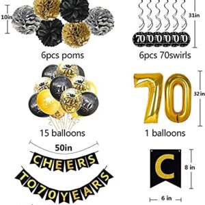 Trgowaul 70th Birthday Party Decorations Kit- Gold Glittery Cheers to 70 Years Banner, Pom Poms, 6Pcs Sparkling 70 Hanging Swirl, 1 Gold Number Balloon and 15 Confetti Balloons 70 Birthday Decoration