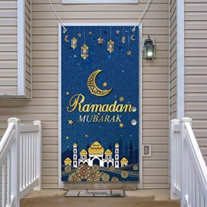 Ramadan Mubarak Decorative Door Cover Eid Mubarak Backdrop Hanging Ramadan Mubarak Door Banner Eid Al-fitr Celebration Decoration for Door Cover Muslim Ramadan Party Supplies, 5.9 x 2.9 Feet