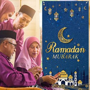 Ramadan Mubarak Decorative Door Cover Eid Mubarak Backdrop Hanging Ramadan Mubarak Door Banner Eid Al-fitr Celebration Decoration for Door Cover Muslim Ramadan Party Supplies, 5.9 x 2.9 Feet