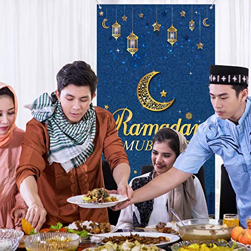 Ramadan Mubarak Decorative Door Cover Eid Mubarak Backdrop Hanging Ramadan Mubarak Door Banner Eid Al-fitr Celebration Decoration for Door Cover Muslim Ramadan Party Supplies, 5.9 x 2.9 Feet