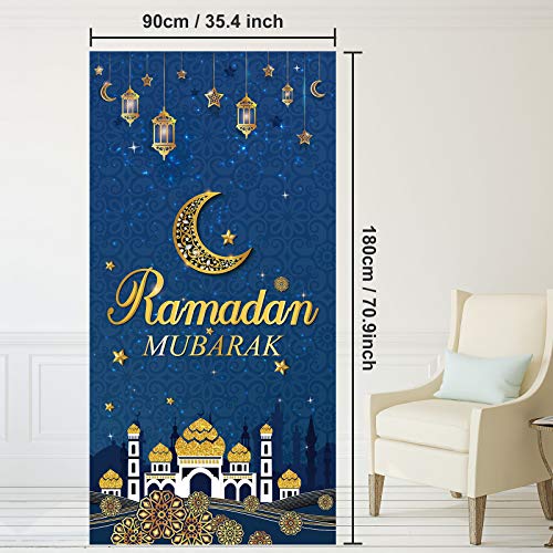 Ramadan Mubarak Decorative Door Cover Eid Mubarak Backdrop Hanging Ramadan Mubarak Door Banner Eid Al-fitr Celebration Decoration for Door Cover Muslim Ramadan Party Supplies, 5.9 x 2.9 Feet