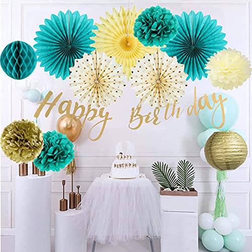 Teal Gold Birthday Party Decorations Teal Paper Fans Tissue Pom Poms Gold Happy Birthday Banner Gold Polka Dot Paper Fans for Baby Shower Women 30th/40th Birthday Party Supplies SUNBEAUTY