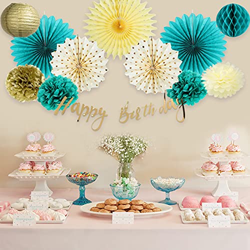 Teal Gold Birthday Party Decorations Teal Paper Fans Tissue Pom Poms Gold Happy Birthday Banner Gold Polka Dot Paper Fans for Baby Shower Women 30th/40th Birthday Party Supplies SUNBEAUTY