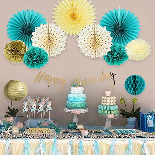 Teal Gold Birthday Party Decorations Teal Paper Fans Tissue Pom Poms Gold Happy Birthday Banner Gold Polka Dot Paper Fans for Baby Shower Women 30th/40th Birthday Party Supplies SUNBEAUTY