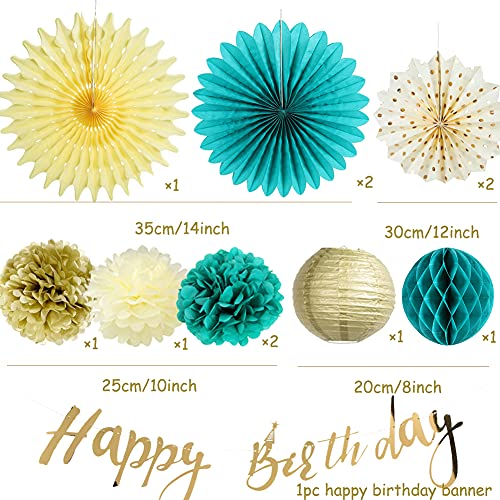 Teal Gold Birthday Party Decorations Teal Paper Fans Tissue Pom Poms Gold Happy Birthday Banner Gold Polka Dot Paper Fans for Baby Shower Women 30th/40th Birthday Party Supplies SUNBEAUTY