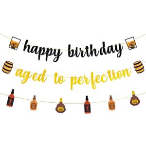 whiskey themed aged to perfection birthday party supplies for men, black gold cheer and beer themed whiskey birthday party banner decorations