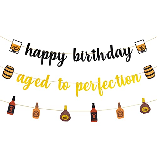 Whiskey themed Aged to Perfection Birthday Party Supplies for Men, Black Gold Cheer and Beer Themed Whiskey Birthday Party Banner Decorations