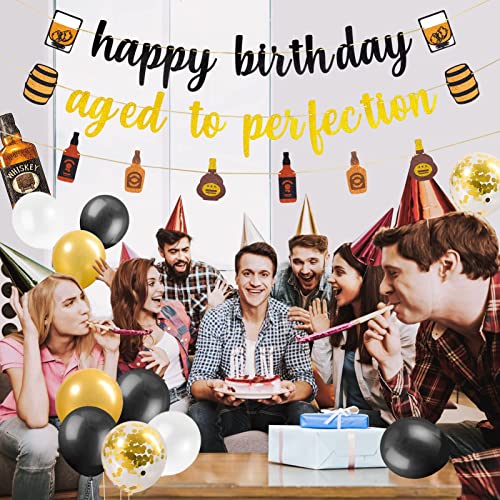 Whiskey themed Aged to Perfection Birthday Party Supplies for Men, Black Gold Cheer and Beer Themed Whiskey Birthday Party Banner Decorations