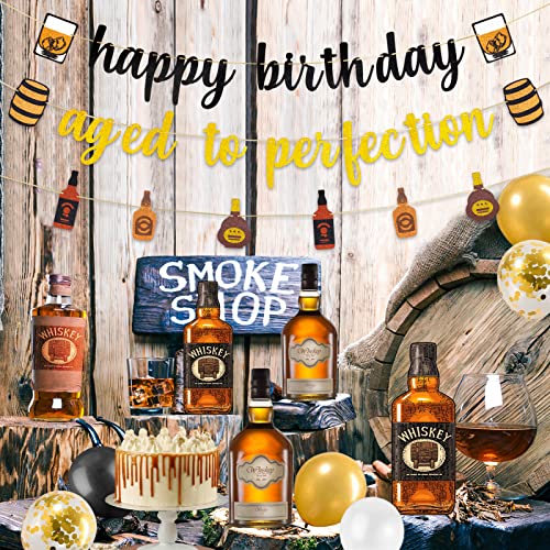 Whiskey themed Aged to Perfection Birthday Party Supplies for Men, Black Gold Cheer and Beer Themed Whiskey Birthday Party Banner Decorations