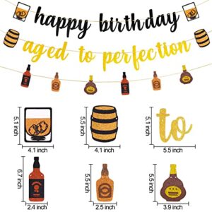 Whiskey themed Aged to Perfection Birthday Party Supplies for Men, Black Gold Cheer and Beer Themed Whiskey Birthday Party Banner Decorations