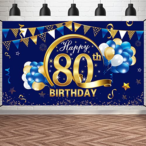 Blue Happy Birthday Banner Decorations for Men, Blue Gold Birthday Backdrop Party Supplies, Birthday Photo Background Sign Decor (blue 80th)