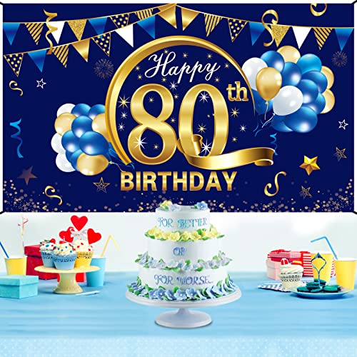 Blue Happy Birthday Banner Decorations for Men, Blue Gold Birthday Backdrop Party Supplies, Birthday Photo Background Sign Decor (blue 80th)