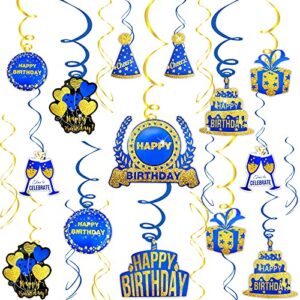 blue and gold birthday hanging swirl decorations(real glitter), happy birthday party decoration blue gold ceilling party decorations supplies for her him
