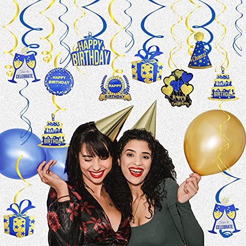 Blue and Gold Birthday Hanging Swirl Decorations(Real Glitter), Happy Birthday Party Decoration Blue Gold Ceilling Party Decorations Supplies for Her Him