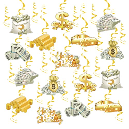 30 Pack(Swrils & Cutouts) Money Birthday Hanging Decorations Dollar Bill Cash Hanging Swirls Investment Themed Decorations for Birthday Casino Wedding Bachelorette Graduations Party Supplies