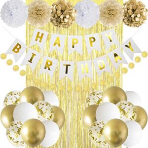 ANSOMO Gold Happy Birthday Party Decorations Banner Balloons Foil Fringe Curtains - Gold & White