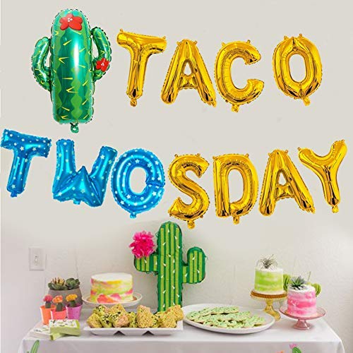 Boy Taco Twosday Birthday Party Decorations, Taco Twosday Balloons Cactus Fiesta Themed Banner for Taco 2sday Birthday Taco 2nd Birthday Party Supplies 14PCS Kit of Qinsly (Blue, Taco 2sDay)