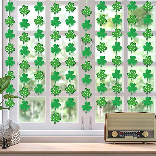 4 Pack St. Patrick's Day Garland 13ft Glitter Shamrock Hanging Garland Double Sided Green Lucky Clover Banner Spring Irish Streamer Saint Patrick's Day Decorations Hanging Ornaments Party Supplies