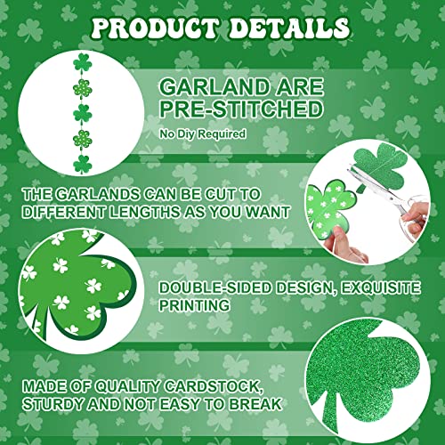 4 Pack St. Patrick's Day Garland 13ft Glitter Shamrock Hanging Garland Double Sided Green Lucky Clover Banner Spring Irish Streamer Saint Patrick's Day Decorations Hanging Ornaments Party Supplies