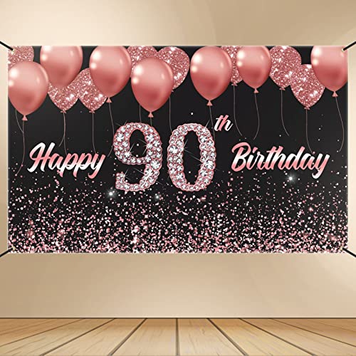 Vlipoeasn 90th Birthday Decorations for Women Rose Gold 90th Birthday Backdrop Banner Happy 90th Birthday Party Supplies Cheers to 90 Years Birthday Decoration (72.8 x 43.3 Inch)