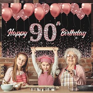 Vlipoeasn 90th Birthday Decorations for Women Rose Gold 90th Birthday Backdrop Banner Happy 90th Birthday Party Supplies Cheers to 90 Years Birthday Decoration (72.8 x 43.3 Inch)