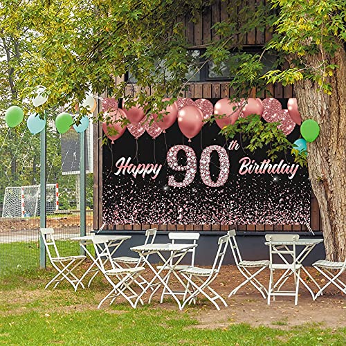 Vlipoeasn 90th Birthday Decorations for Women Rose Gold 90th Birthday Backdrop Banner Happy 90th Birthday Party Supplies Cheers to 90 Years Birthday Decoration (72.8 x 43.3 Inch)