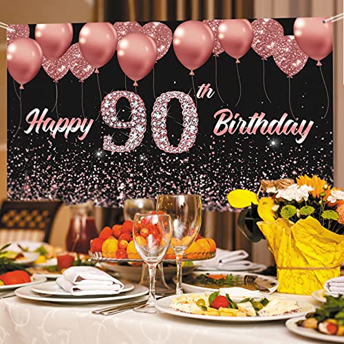 Vlipoeasn 90th Birthday Decorations for Women Rose Gold 90th Birthday Backdrop Banner Happy 90th Birthday Party Supplies Cheers to 90 Years Birthday Decoration (72.8 x 43.3 Inch)