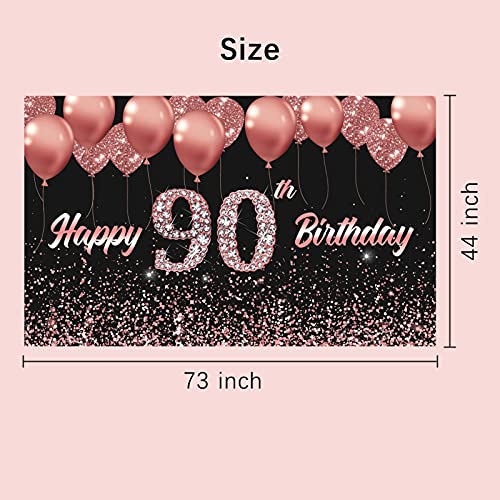 Vlipoeasn 90th Birthday Decorations for Women Rose Gold 90th Birthday Backdrop Banner Happy 90th Birthday Party Supplies Cheers to 90 Years Birthday Decoration (72.8 x 43.3 Inch)