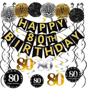 famoby black & gold glittery happy 80th birthday banner,poms,sparkling 80 hanging swirls kit for 80th birthday party 80th anniversary decorations supplies