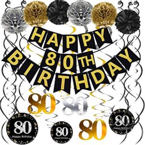 Famoby Black & Gold Glittery Happy 80th Birthday Banner,Poms,Sparkling 80 Hanging Swirls Kit for 80th Birthday Party 80th Anniversary Decorations Supplies