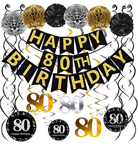 Famoby Black & Gold Glittery Happy 80th Birthday Banner,Poms,Sparkling 80 Hanging Swirls Kit for 80th Birthday Party 80th Anniversary Decorations Supplies