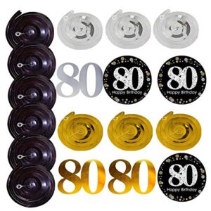 Famoby Black & Gold Glittery Happy 80th Birthday Banner,Poms,Sparkling 80 Hanging Swirls Kit for 80th Birthday Party 80th Anniversary Decorations Supplies