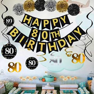 Famoby Black & Gold Glittery Happy 80th Birthday Banner,Poms,Sparkling 80 Hanging Swirls Kit for 80th Birthday Party 80th Anniversary Decorations Supplies