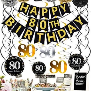 Famoby Black & Gold Glittery Happy 80th Birthday Banner,Poms,Sparkling 80 Hanging Swirls Kit for 80th Birthday Party 80th Anniversary Decorations Supplies