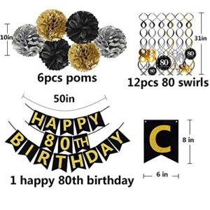 Famoby Black & Gold Glittery Happy 80th Birthday Banner,Poms,Sparkling 80 Hanging Swirls Kit for 80th Birthday Party 80th Anniversary Decorations Supplies