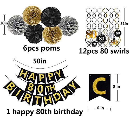 Famoby Black & Gold Glittery Happy 80th Birthday Banner,Poms,Sparkling 80 Hanging Swirls Kit for 80th Birthday Party 80th Anniversary Decorations Supplies