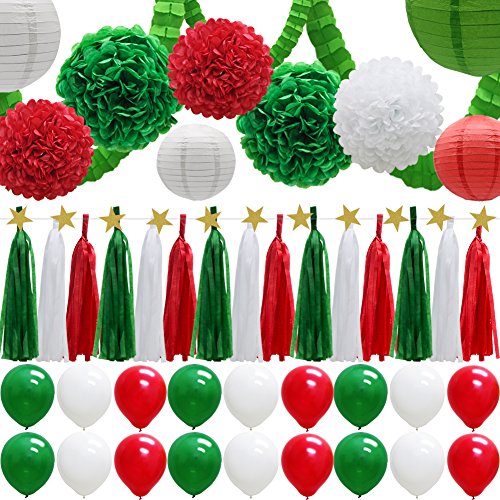 43pcs Party Decorations Set, Paper Lanterns Balloons Tassels Hanging Garland Banner Tissue Pom Poms Flowers Clover Garland Paper Garland for Baby Shower Bridal Birthday Christmas Events