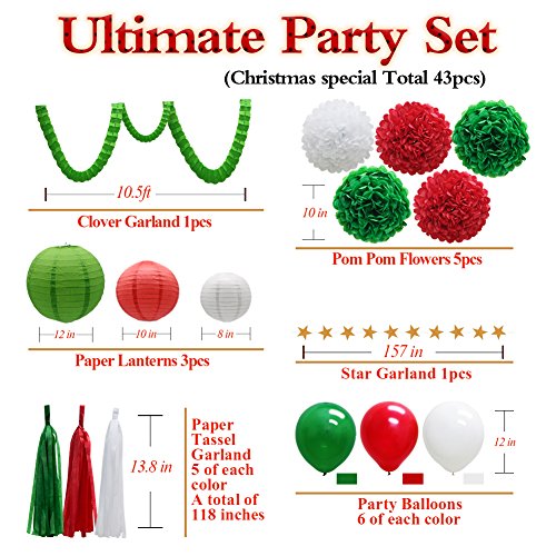 43pcs Party Decorations Set, Paper Lanterns Balloons Tassels Hanging Garland Banner Tissue Pom Poms Flowers Clover Garland Paper Garland for Baby Shower Bridal Birthday Christmas Events