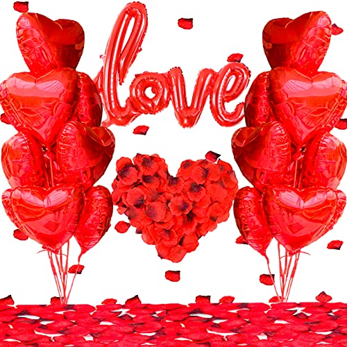 Valentines Balloons, 40 Inch Red Love 18 Inch Red Heart Foil Balloons with 1000pcs Silk Rose Petals for Valentine's Day Anniversary Wedding Engagement Party Supplies