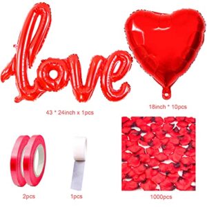 Valentines Balloons, 40 Inch Red Love 18 Inch Red Heart Foil Balloons with 1000pcs Silk Rose Petals for Valentine's Day Anniversary Wedding Engagement Party Supplies