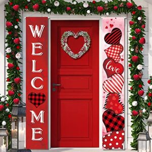 2 Pcs Valentine's Day Door Banner Decoration Valentine Hanging Front Porch Welcome Sign Red Buffalo Plaid Love Heart Banner Romantic for the Home Wall School Office Indoor Outdoor Party Supplies Decor