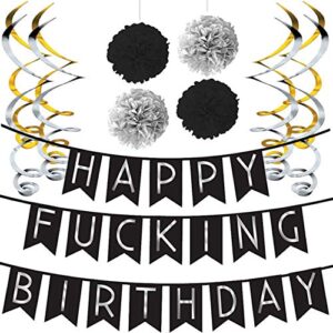 funny birthday party pack – black & silver happy birthday bunting, poms, and swirls pack- birthday decorations – 21st – 30th – 40th – 50th birthday party supplies