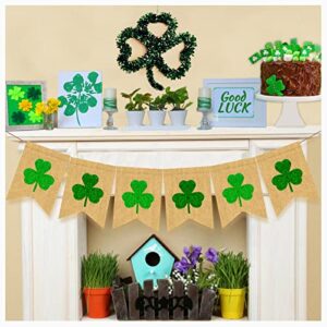 Glitter St Patricks Day Banner For Mantle - Shamrock Garland Banner, NO DIY Shamrock Decorations Rustic Clover Green Irish Garland Banner for Home Office Decor